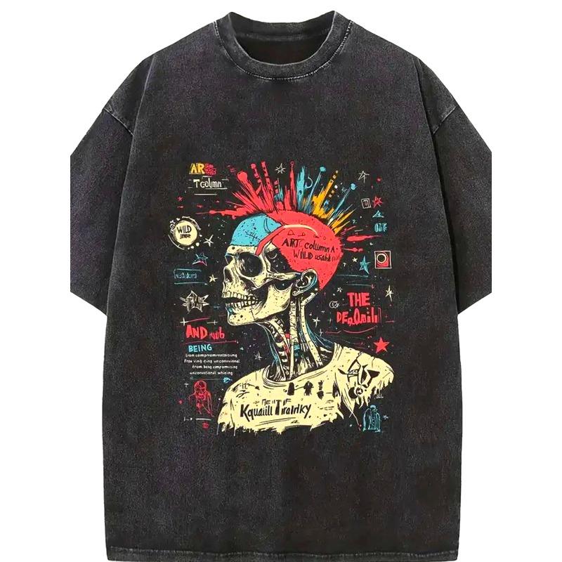 

Neutral Retro Washed Loose T-Shirt | Punk Rock Skull & Mocha Hair Pattern, Vibrant Colorful Graffiti Art Print, Soft Blend Drop Shoulder Round Neck S