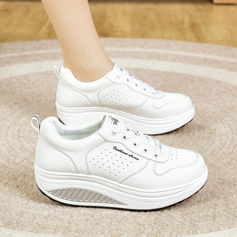 Sneakers con Zeppa in Pelle Bianca con Aumento di Altezza da Donna Mocassini Casual con Suola Spessa Scarpe da Ragazza