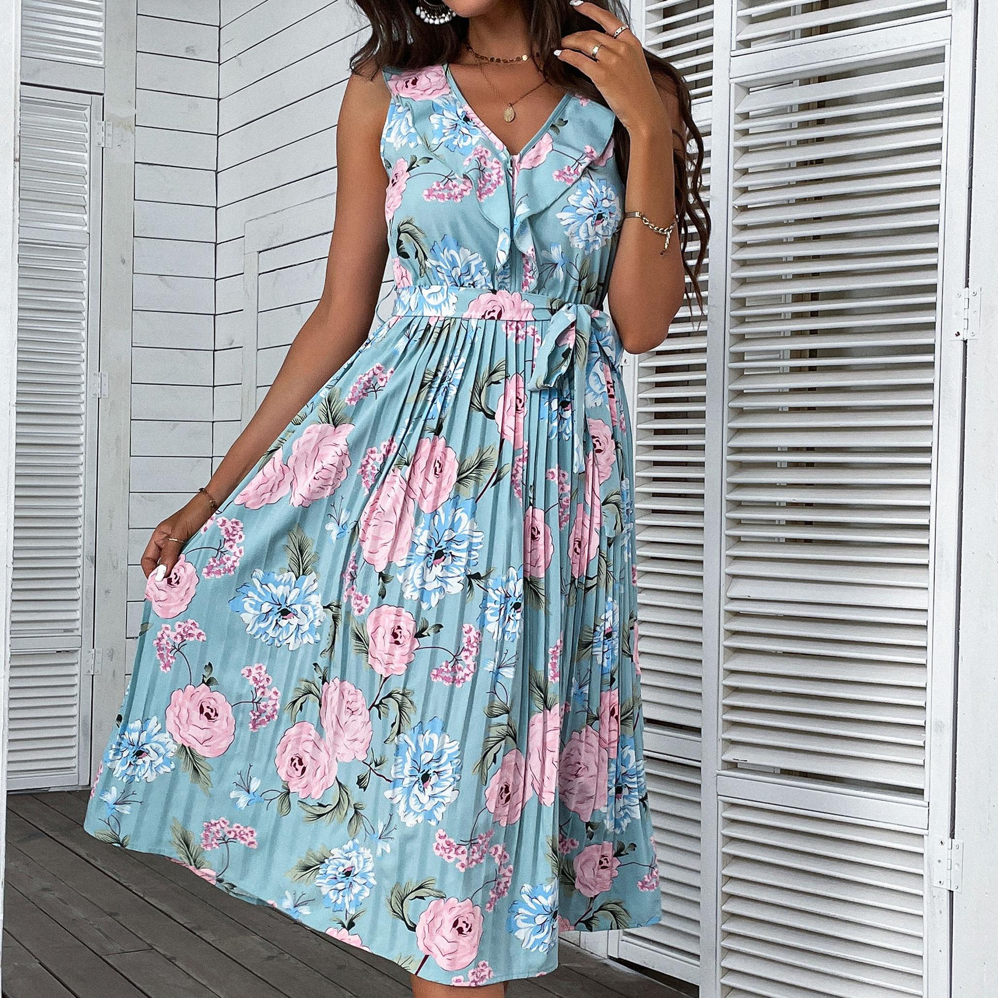 

Женские винтажные повседневные платья в богемном стиле на лето и весну с цветочным принтом без рукавов и v-образным вырезом с высокой талией S синий