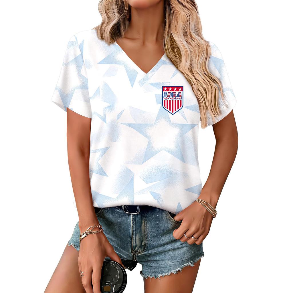 Women Casual Short Sleeve V Neck T Shirt Letter Print Loose Fit Lightweight Top Soft Fabric Comfortable Summer Tee
