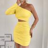 Fashion Single Shoulder Sleeve Hollow Out Dress Spicy Girl Slant Shoulder Hip Wrapping Sexy Party Short Dress Pleated Solid Colar Elegant Clothing
