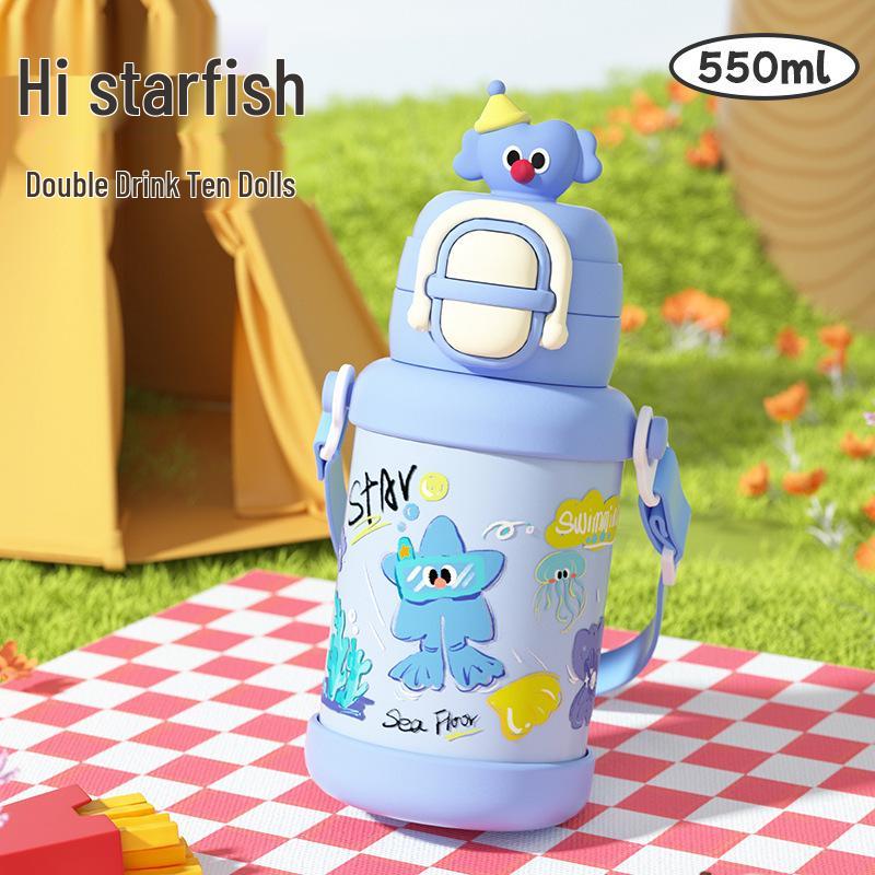 

Cartoon 316 Stainless Steel Children s Thermos Cup, School-Use, Cute Straw, Portable, Double-Wall, Flip-Top Design 550ml