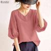 ZANZEA Women Casual V-Neck Solid Color 3/4 Sleeve Blouse
