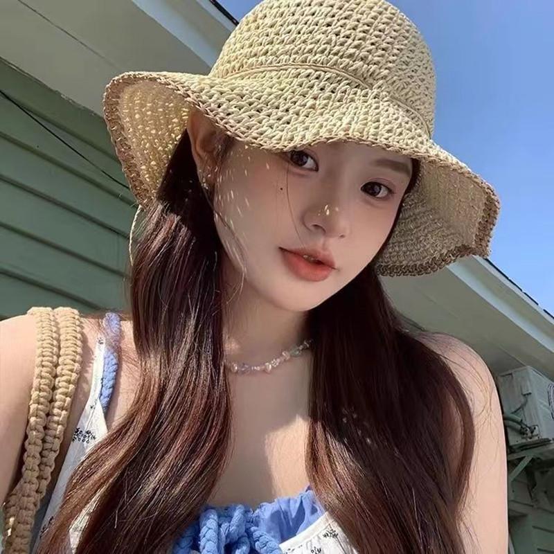 Summer Straw Bucket Hats For Women Hollow Vent Panama Cap Female Foldable Fisherman Hat Outdoor Travel Sun Protection Hats Gorro