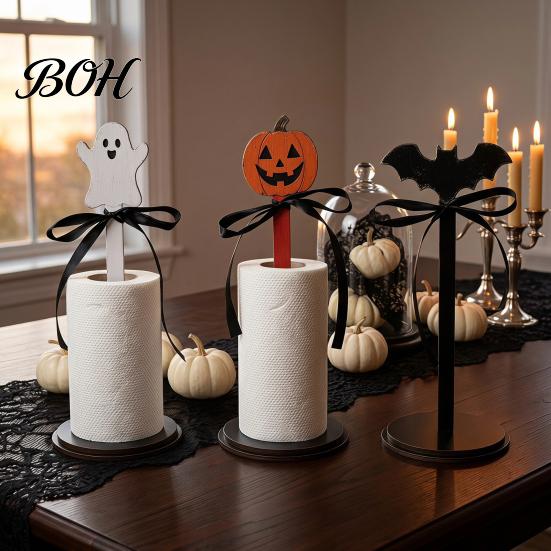 Country Style Home Accents Halloween Paper Towel Roll Holder, Ghost/Pumpkin/Witch's Hat/Bat Decor, Durable Festive Gift Wood Standing Reel for Kitchen