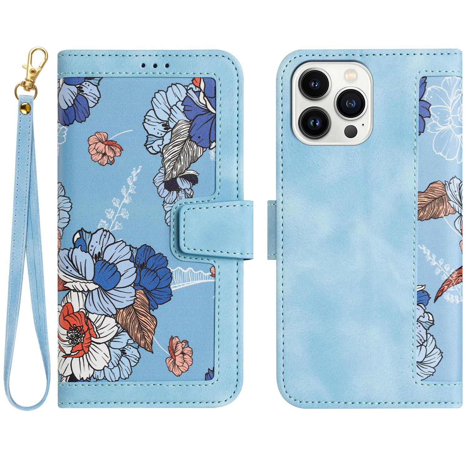 

For iPhone 16 Pro Case Card Holder Stand PU Leather Floral Phone Cover Baby Blue