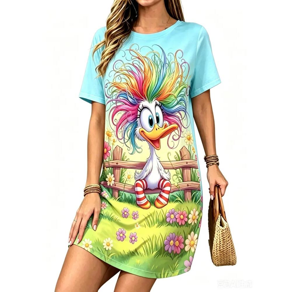 Summer Fashionable Colorful Cartoon Pattern Women Mini Dresses Short Sleeve Printed Plus Size Casual Comfortable Soft Dress