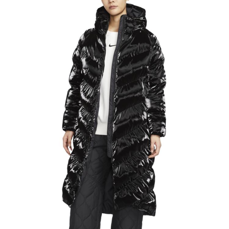 Nike Sportswear Therma-FIT Loose Hooded Shiny Warm Zip-Up Cotton Jacket Women Jackets Black FV7828-010