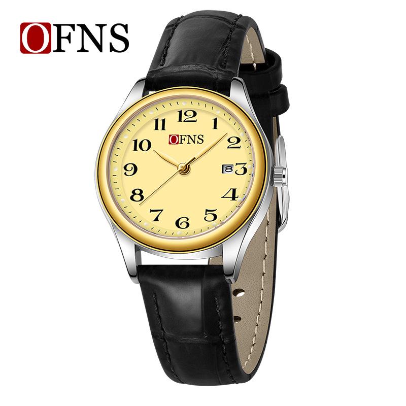 OFNS Couple's Wristwatch - Waterproof, Luminous, Quartz Watch with Steel or Leather Strap, Calendar Feature, for Casual or Business.
