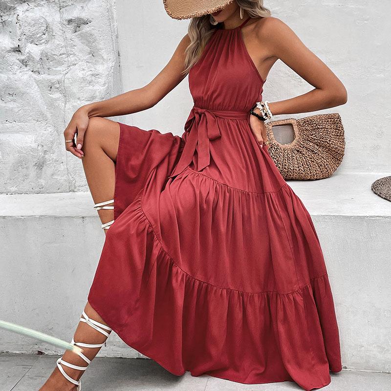 European & American Women's Summer Halter Solid Color Midi Dress (2023)