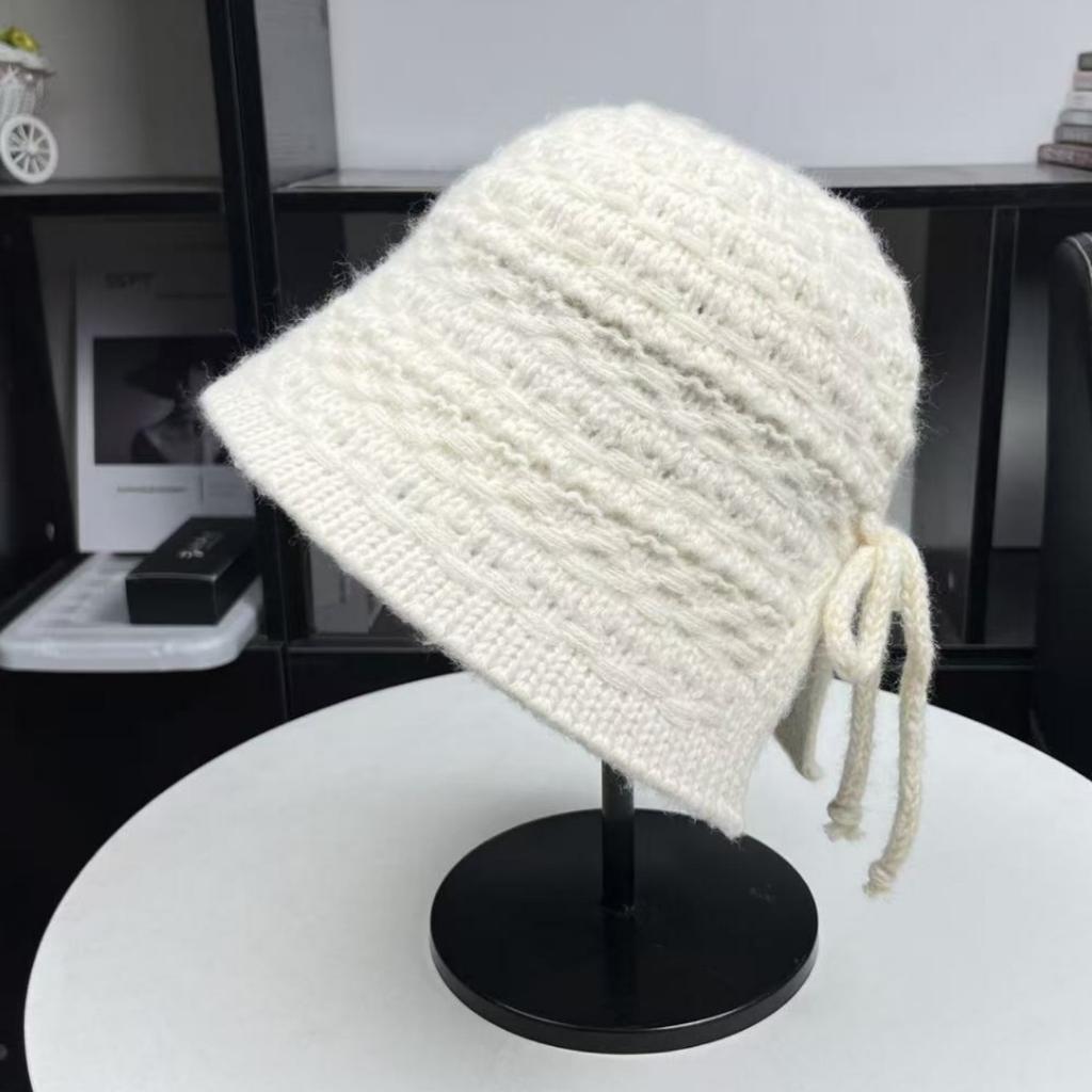 Back split bow shows small face Korean knitted bucket hat basin hat women's autumn and winter sweet warm ear protection bucket hat