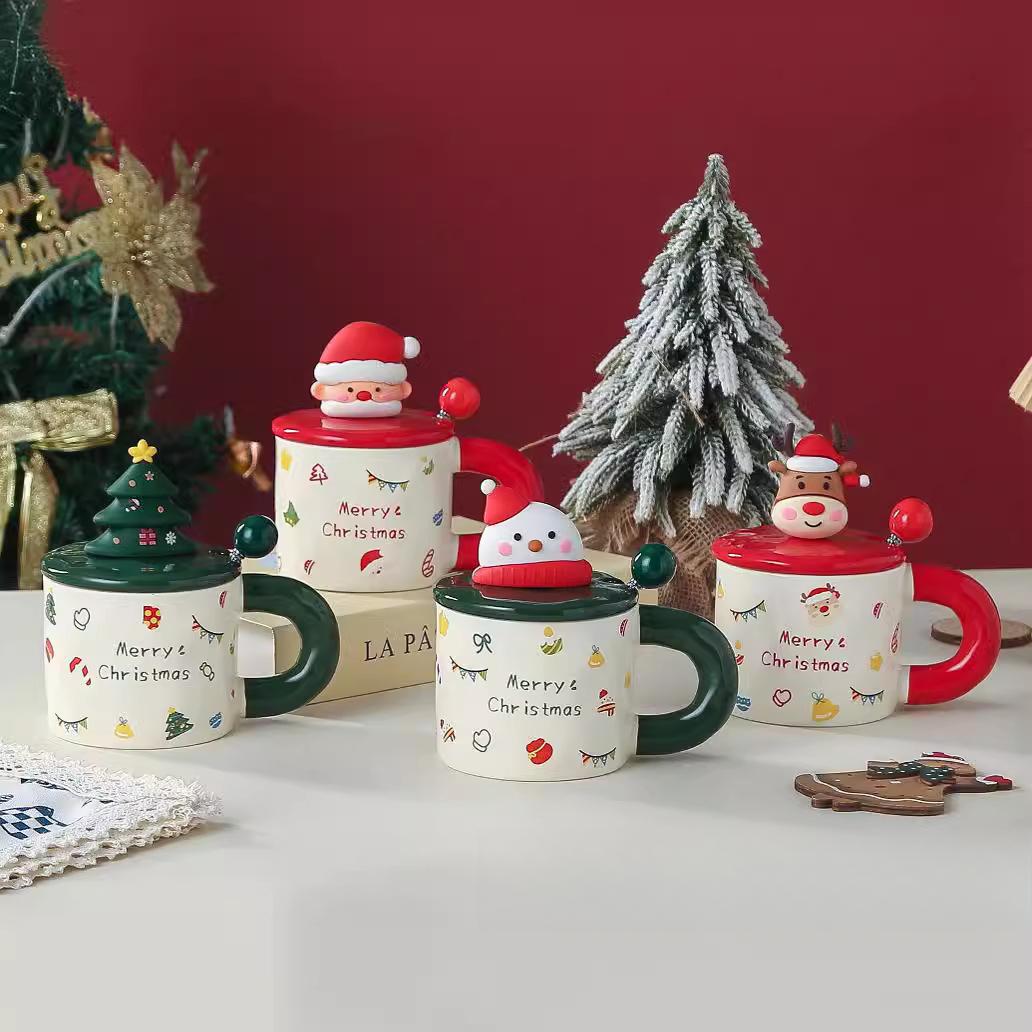 

Рождественская кружка Рождественский подарок Керамическая чашка Милая мультяшная кофейная чашка с крышкой Ложка Сувенир 301-400ml