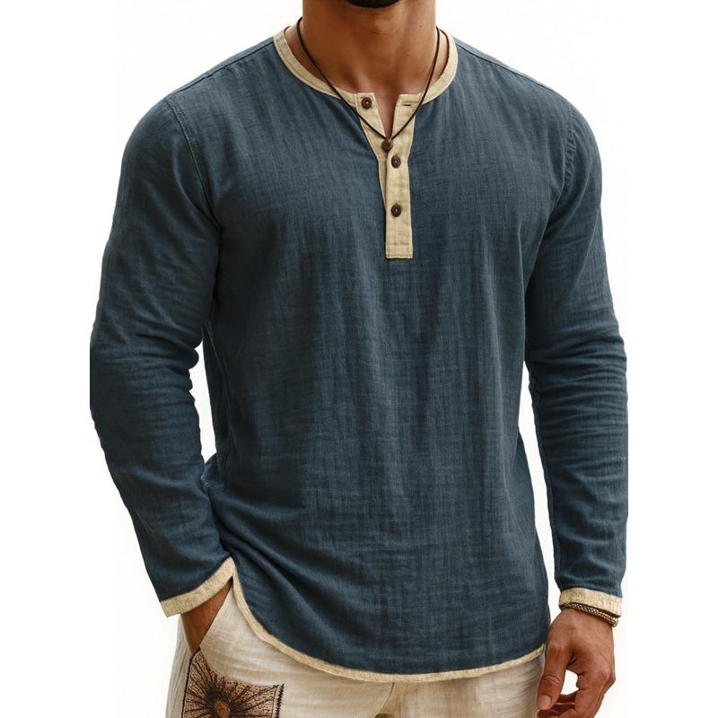 Summer European American Men's Clothing Floral Two-color Henley Shirt 3 Buttons Men's Casual Long Sleeves