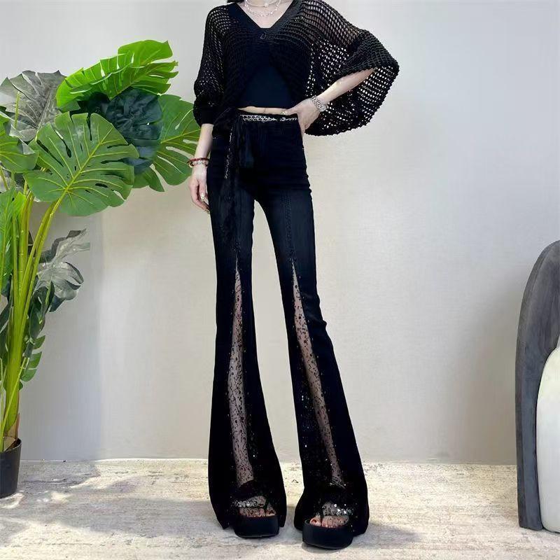 Womens Stretchy Flared Denim Jeans With Lace Rhinestone Embellishment Mid-Rise Slim Fit Bootcut Pants Small чёрный