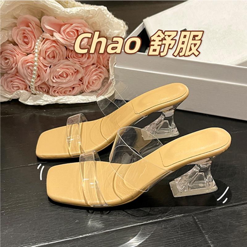 Sexy High-heel Slippers Women New Summer Fashion Style Square Head Transparent Sandals Ladies Sexy Open Toe Clear Outside Slides