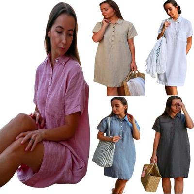 2023 European & American Cotton Linen Shirt Dress with Pockets & Buttons