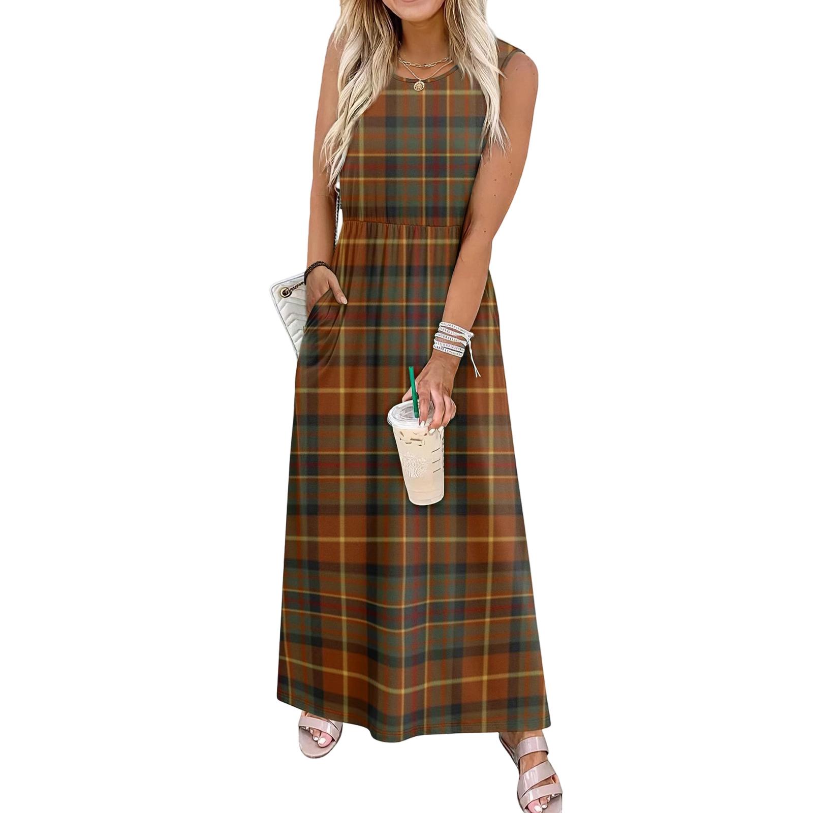 

Ladies plaid printed casual and fashionable waist cinched sleeveless dress S коричневий