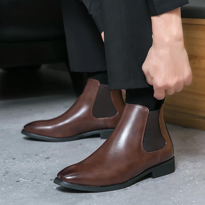 Fashion Italian Men Dress Chelsea Boots Fashion Casual Leather Flat Designer Boots Brand New Casual Business Office Walking Ankle Boots