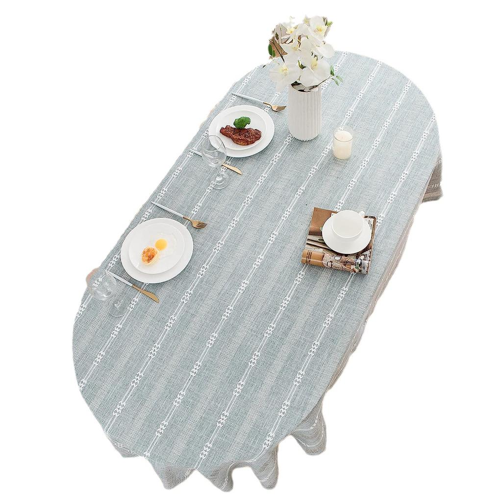 Country Tablecloth Oval Stripe Embroidery Flower Linen Heavy Duty Cover Kitchen Table Fabric