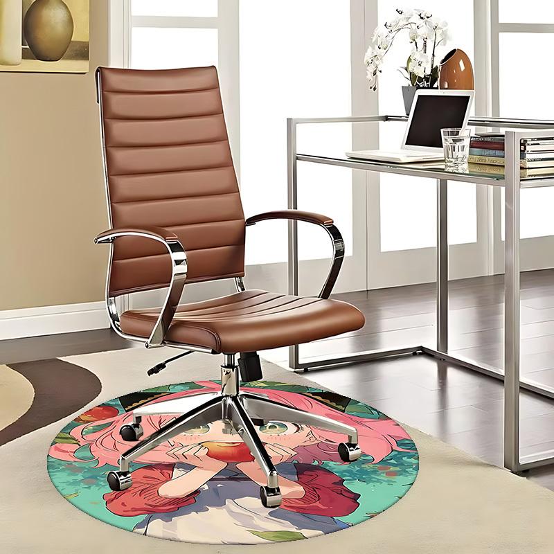 1pc Anime Design Round Carpet Cute Girl Eating Apple with Green Leaves Background, Office Chair Mat, Non Slip Rug, Living Room, Bedroom, Game Room