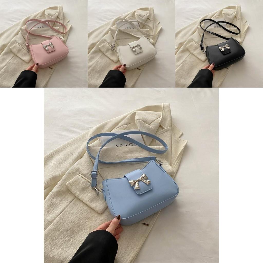Chic French Bow Style Underarm Bag In Elegant Black Pink White And Blue Colors For Trendy Spring Fashion