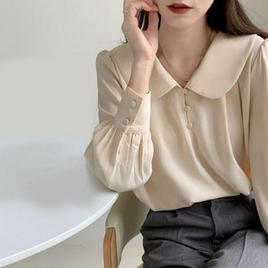 

Женская рубашка с длинным рукавом 2025: Высококлассный, слегка зрелый стиль с воротником Питера Пена - Идеально подходит для осенних и весенних поездок на работу L абрикосовый