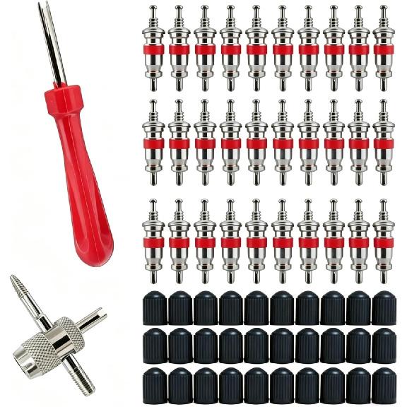 62Pcs Valve Core Remover Tool,30 PCS Valve Cores,30 PCS Tire Valves Caps,1Pcs Valve stem Removal Tool,1 PCS 4-Way Valves Tool,Suitable for