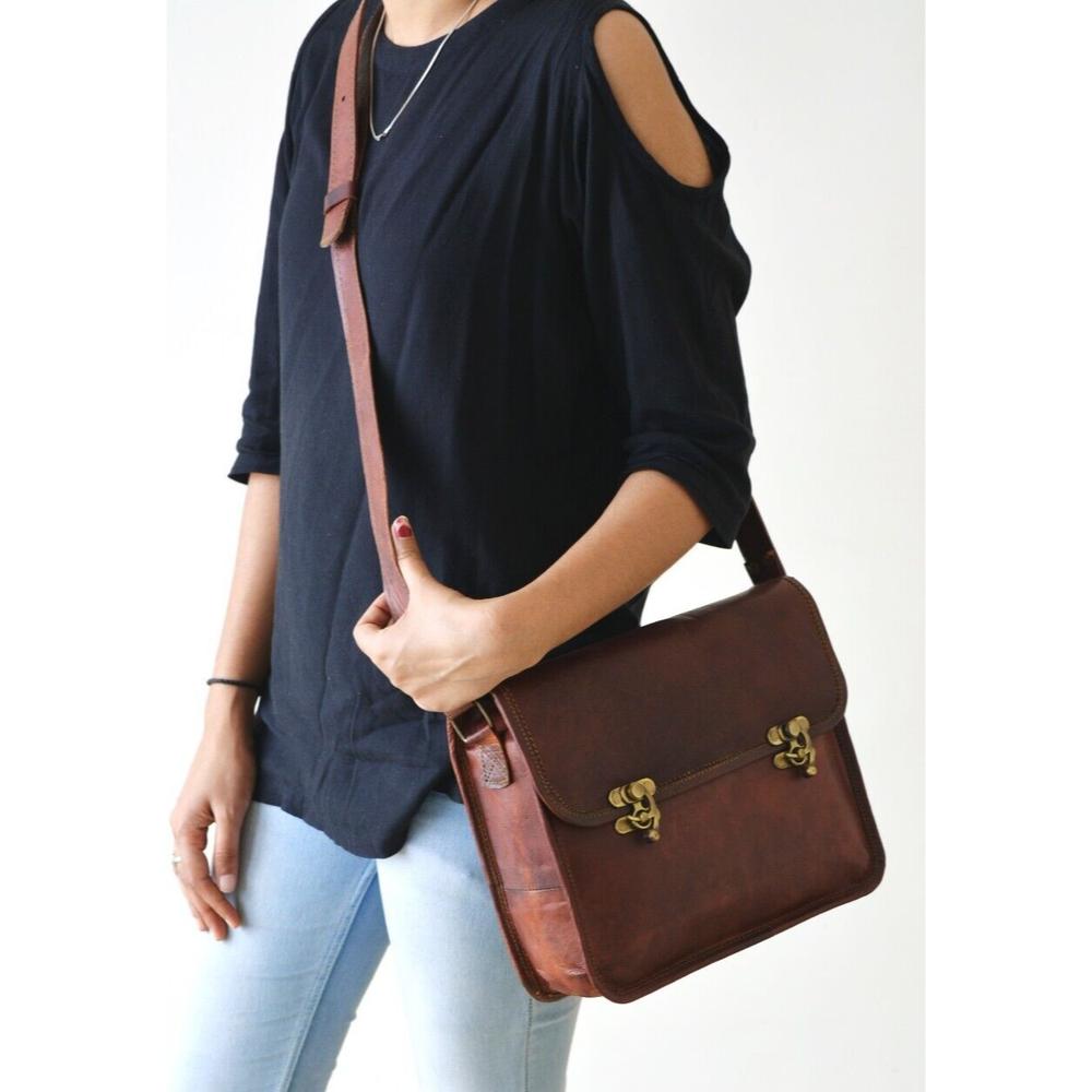 Women's Messenger Crossbody Goat Leather Vintage Handcrafted Satchel Brown Bag