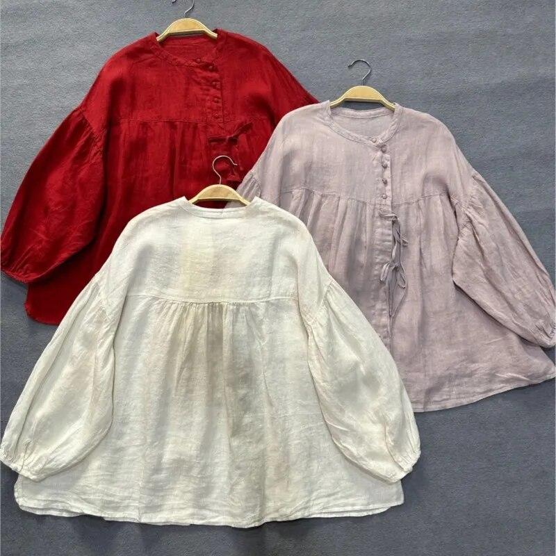 Johnature Spring Autumn Vintage Literary Slanted Lace-up Shirt Loose Tops Simple Solid Color Women Shirts