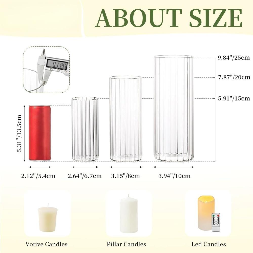 6pcs Ribbed Glass Candle Holder Cylinder Candle Holders for Pillar Candles Clear Hurricane Candle Holder Decorative Floating Candle Vases