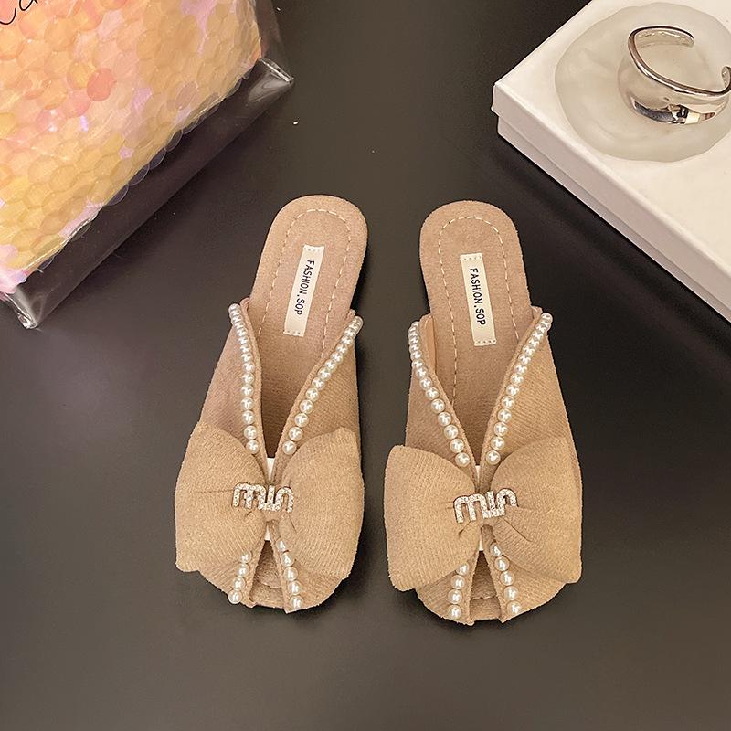 Baotou half slippers women's summer wear new versatile flat bottom pregnant women French pearl bow fish mouth sandals