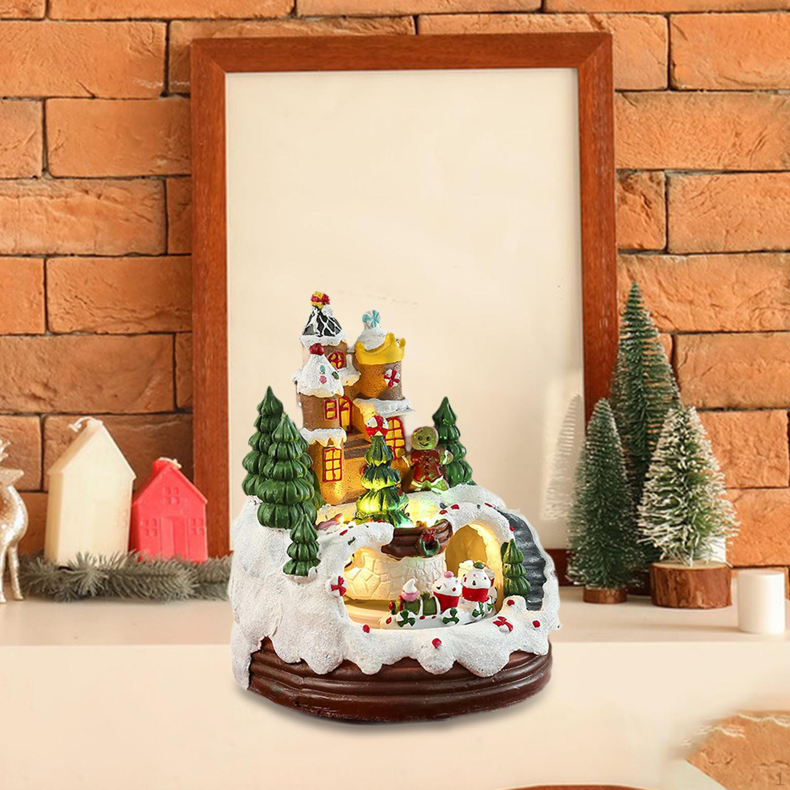 

Music Box Light up Christmas Decoration Resin Craft Toy Tabletop Ornament for Holiday Indoor Three Roofs