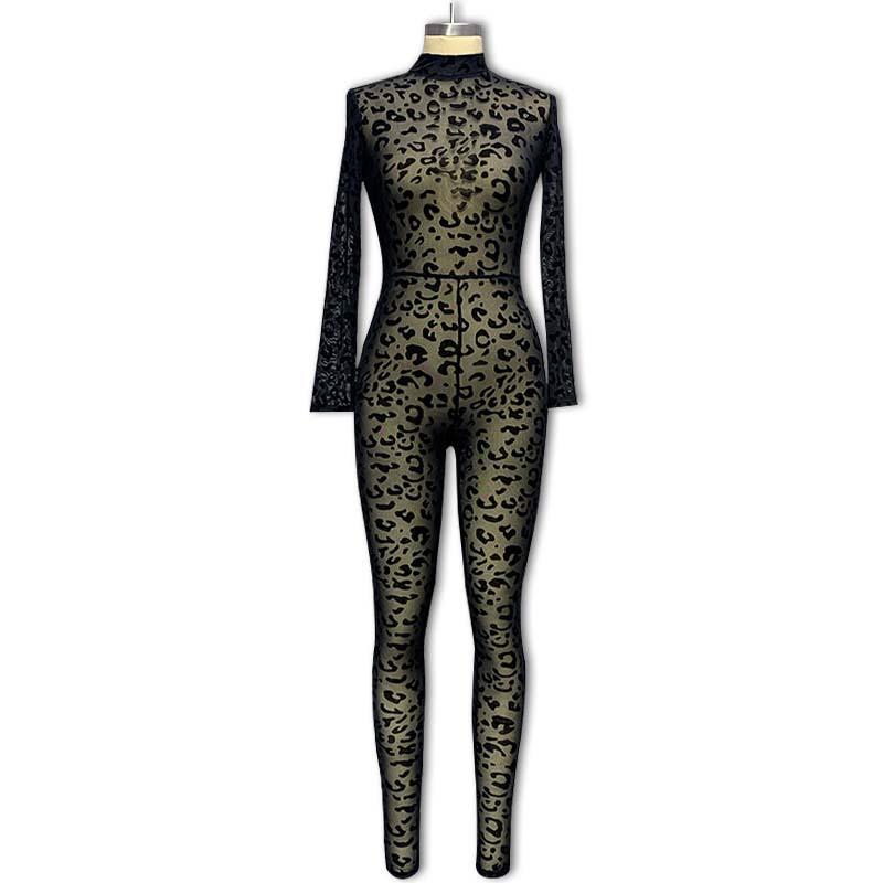 New Women's European & American Style Slimming Long Sleeve See-Through Flocked Jumpsuit