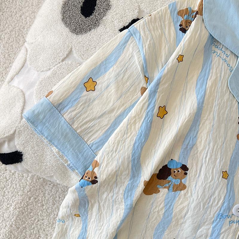 Women's Cartoon Short Sleeve Pajama Set - Korean Style Cloud Cotton