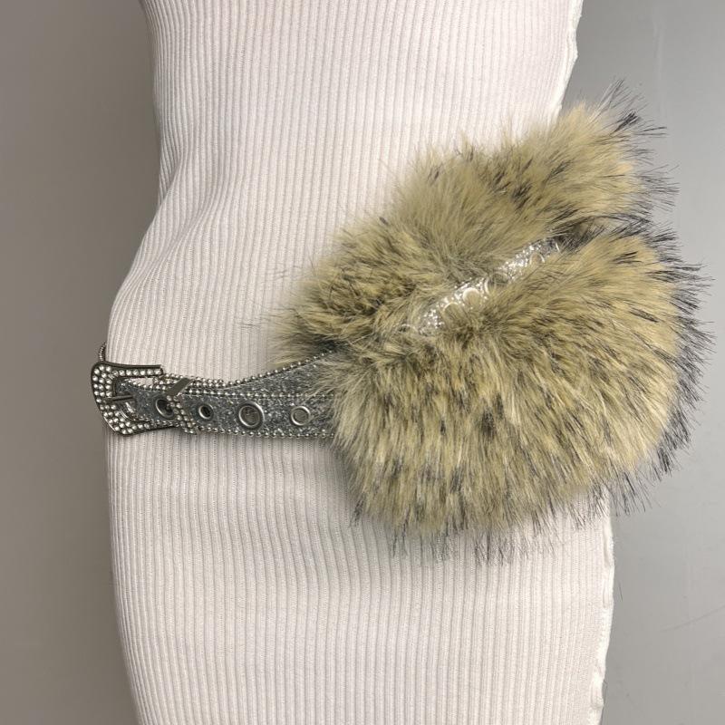 Sparkly Rhinestone Faux Fur Patchwork Waist Belt with Pin Buckle - Y2K Leather Eyelet Design