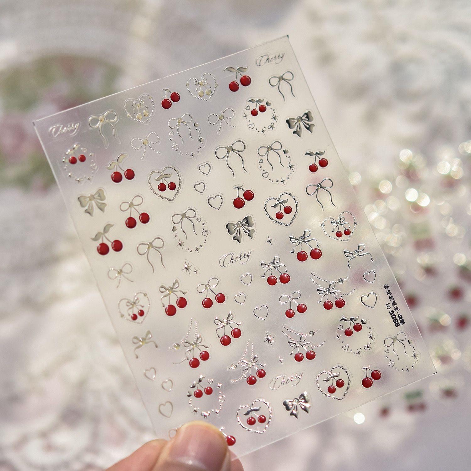 Chic Cherry & Bow Nail Art Stickers - Girly Strawberry French Style