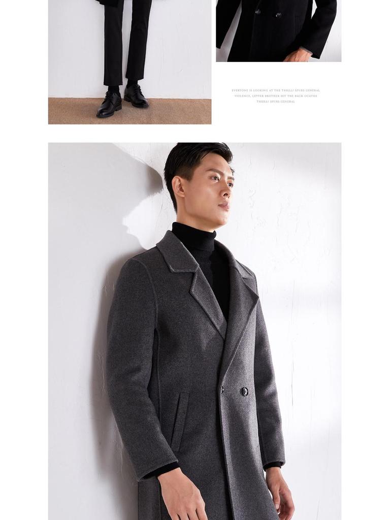 Men's Mid-Length Double-Faced Wool Cashmere Overcoat with Suit Collar