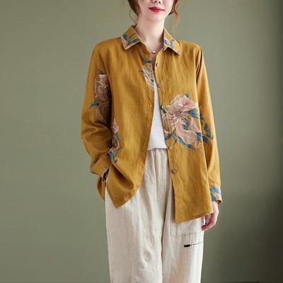 Vintage Floral Print Women Blouses Loose Turn Down Collar Casual Shirts Simple All Match Autumn Style