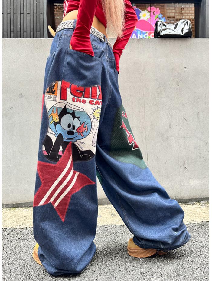 Unisex Retro Wide-Leg Star Patchwork Jeans