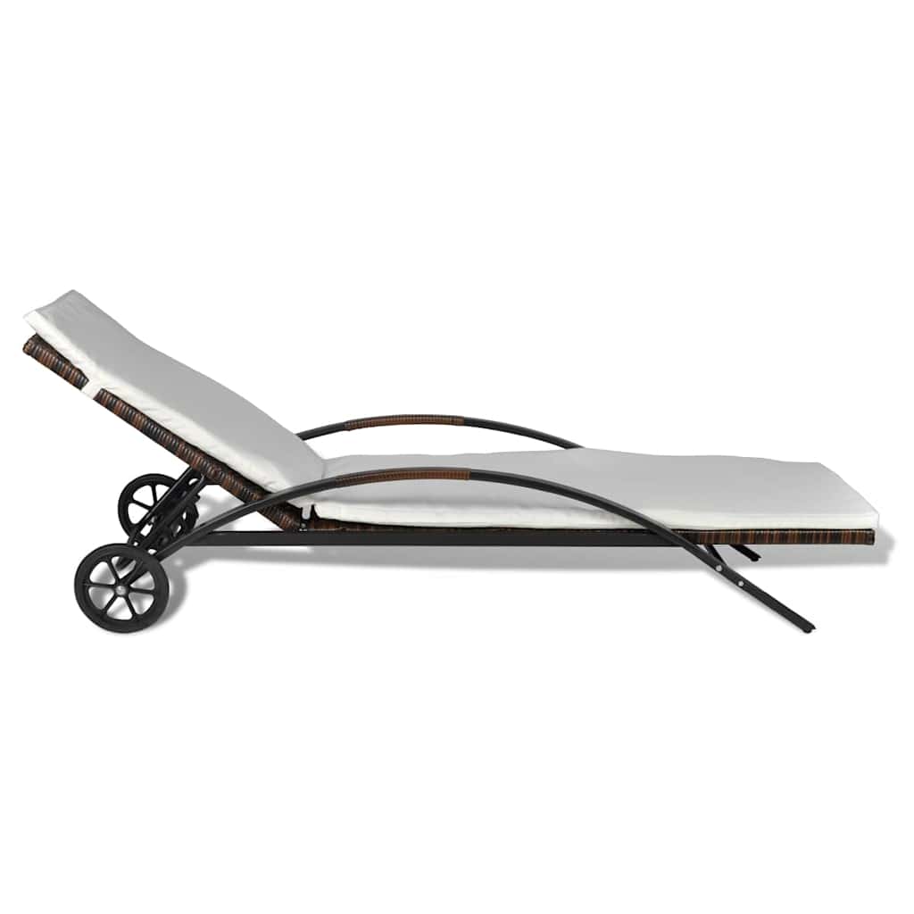 Brown Poly Rattan Sun Lounger with Cushion and Wheels