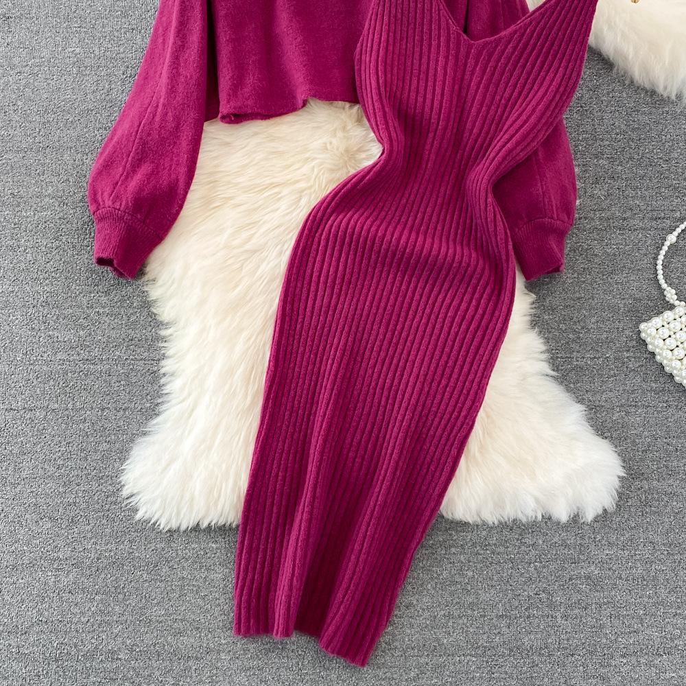 Dames herfst winter O-hals kralen hoge taille korte open naveltrui tweedelige gebreide tanktopjurk