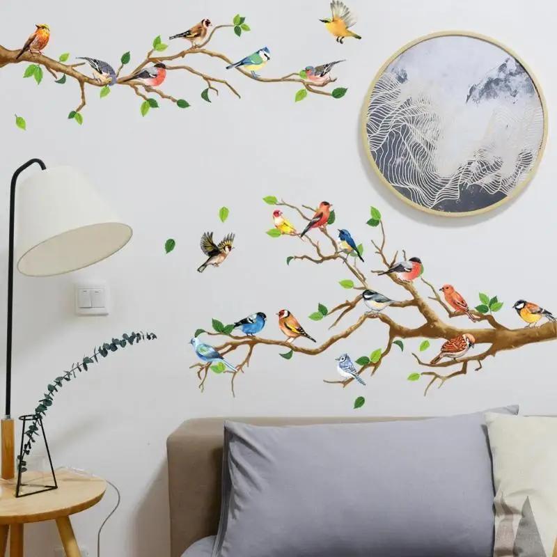 Creative Chinese Style Vintage Bird Sticker Living Room Sofa Wall Decor Stickers Mural Art 3D Tree Branch Green Leaves Stikers