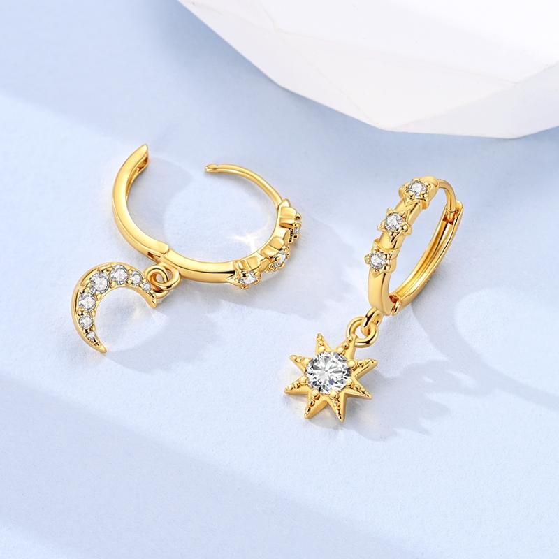 925 Silver Golden Earring Women CZ Zircon Hoop Ear Studs Sparkling Pave Moon Star Earring Wedding Anniversary Gift