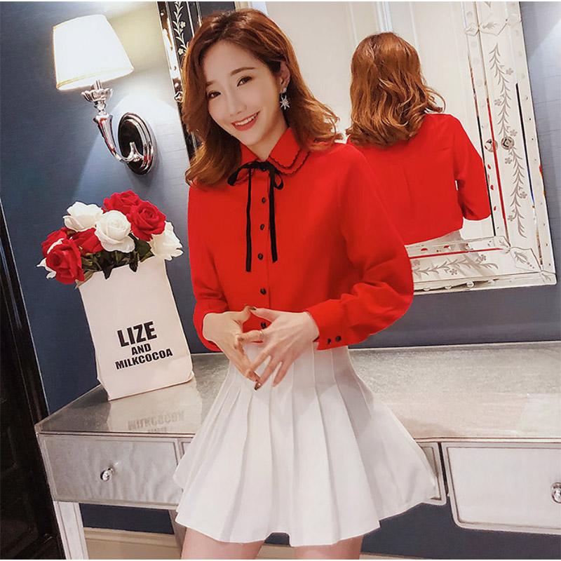Loose All-match Solid Color Student Bow Chiffon White Shirt Ladies Long-sleeved Bottoming Shirt Commuting