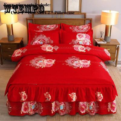 Four Sets of Big Red Bed Skirts Set Double Anti-skid Bed Single Bed Cover Wedding Bed Supplies