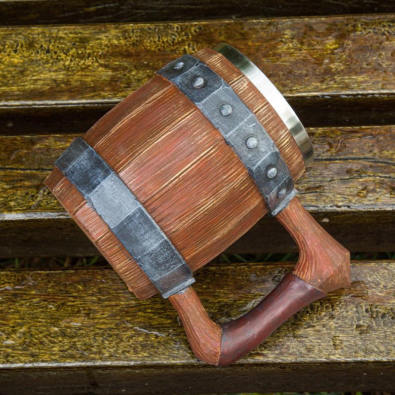 Handcrafted Wooden-Style Barrel Beer Mug with Stainless Steel Lining – Large Capacity