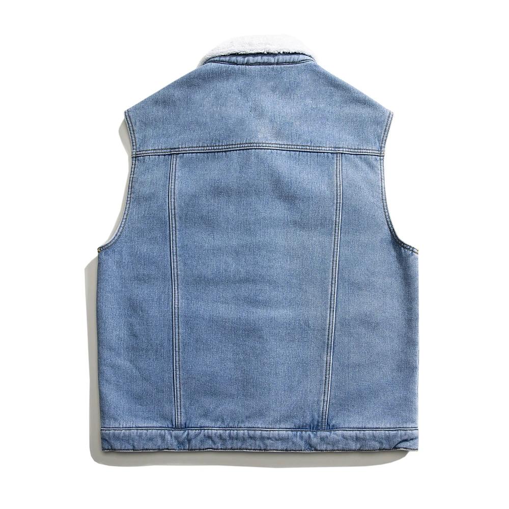 Winter Fleece Denim Vest Men Youthful Vitality Turn Down Collar Solid Color Casual Waistcoat Mens Cotton Warm Sleeveless Jackets
