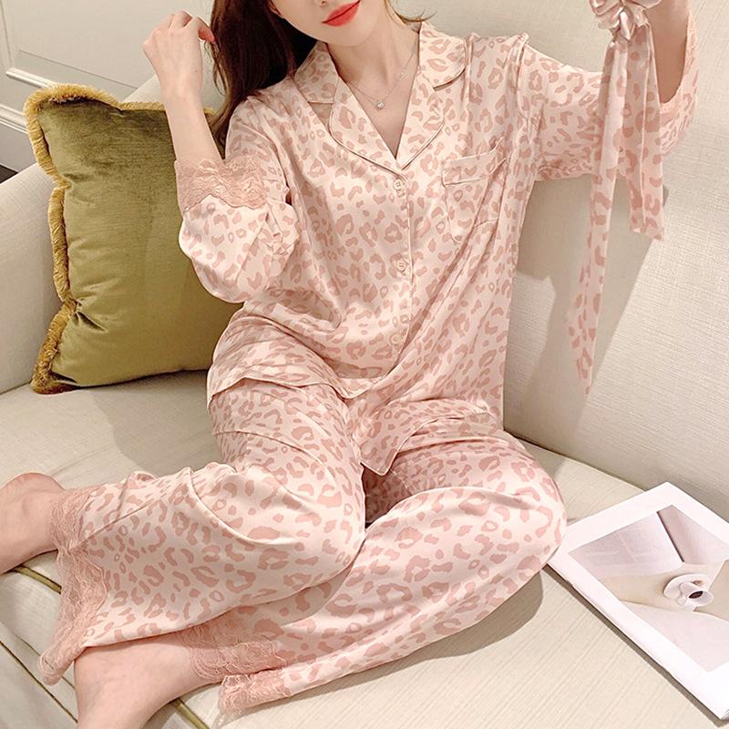 Spring And Summer Pajamas Women'S Cool Ice Silk Long-Sleeved Leopard Print High-End Lace Lace Loungewear Set