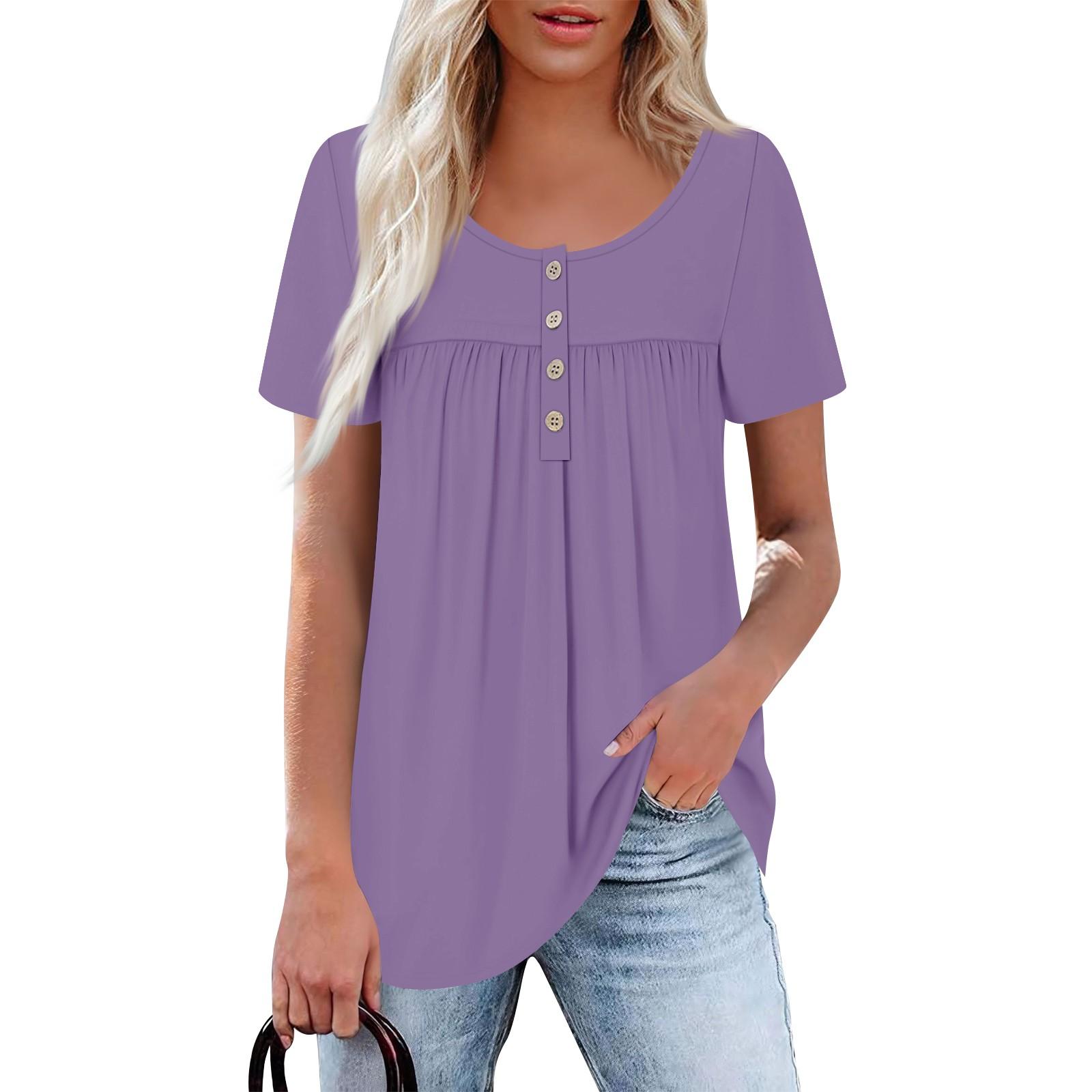 

Женский повседневный топ с круглым вырезом, коротким рукавом, воротником на пуговицах, оборкой на груди, однотонный топ XL фиолетовый