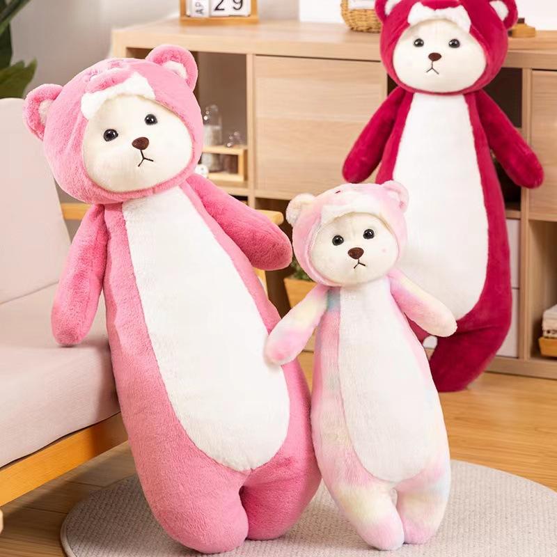 Colorful bear turned strawberry bear long plush throw pillow sofa cushion girls bed sleeping leg pillow bedside pillow